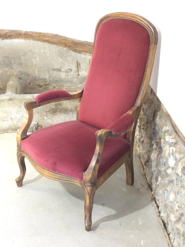 Fauteuil Voltaire En Velour Rouge Style Louis Philippe - Photo 2/4