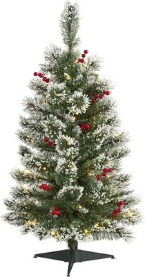 Nearly Natural 3ft Artificial Swiss Pine Christmas Tree Frosted w/ 50 Clear LEDS