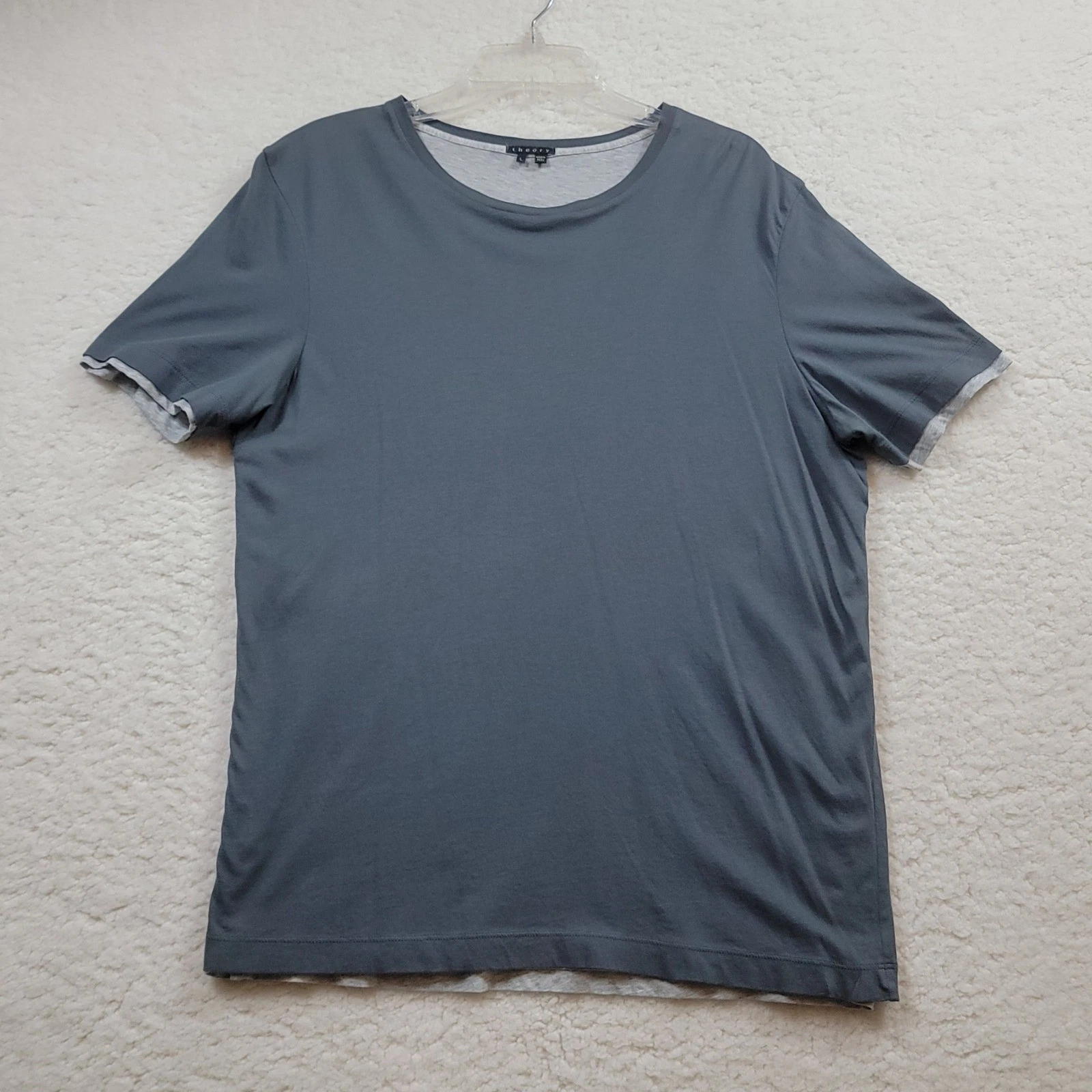 Theory T-Shirt Mens Large Grey Double Layered Cotton Crewneck Short Sleeve