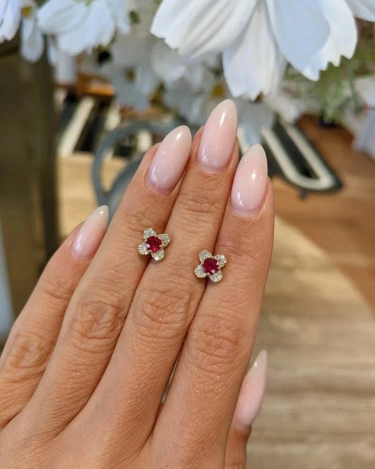 0.99Ct Round Natural Red Ruby Diamond Stud Dainty Earrings Solid 14k Yellow Gold - Image 2 of 4