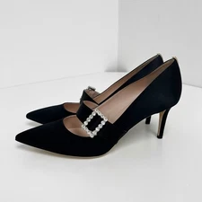 SJP BY SARAH JESSICA PARKER Black Satin Highgate  Embellished Buckle Heels Sz 41
