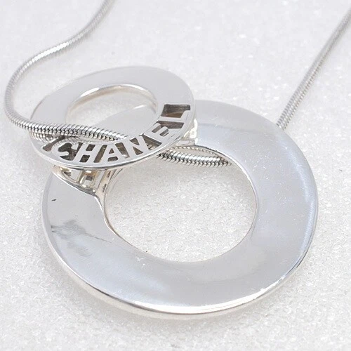 Collana originale CHANEL argento 925 doppio cerchio logo 02C 47 cm con scatola