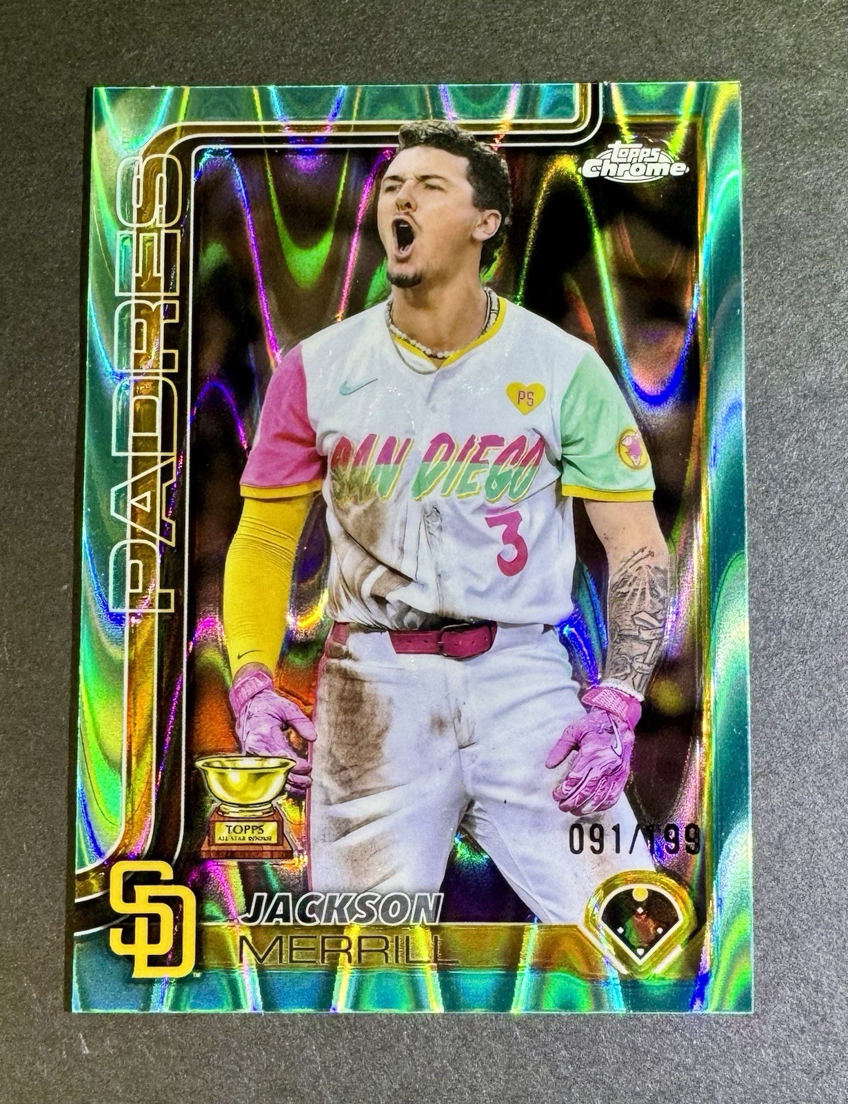 #d/199 Jackson Merrill Aqua RayWave Refractor Rookie Cup 2025 Topps Chrome #61