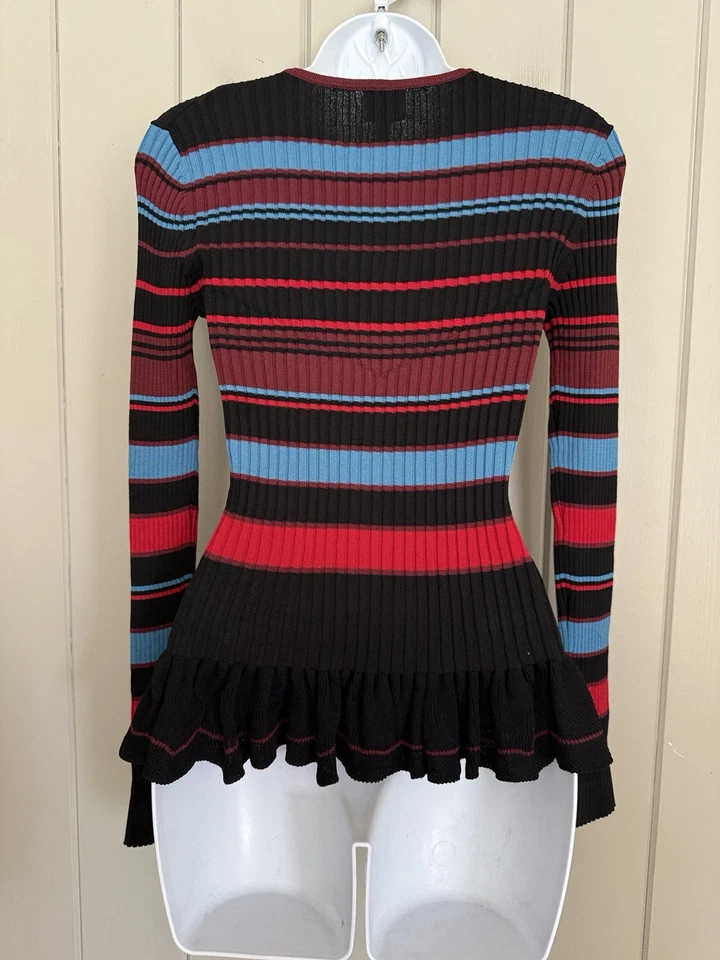 Top Torn Ronny Kobo Peplum S Pequeño Negro Azul Rojo Rayas Tejido Acanalado Foto 4 de 4