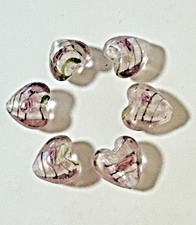 6 handmade Lampwork glass beads clear heart shape drilled with pink and white