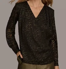 Donna Karan New York Women's Black Long Sleeve Metallic Top Size L