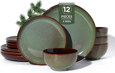 Pokini Stoneware Dinnerware Sets, Ceramic Plates and Bowls Set, Microwave & Dish