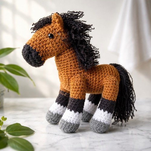 Handmade Crochet Horse Plush Brown Amigurumi Stuffed Animal Toy 10 Inch