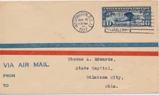 #C10 10c Charles Lindberg Air Mail envelope First Day cover Oklahoma City Recd