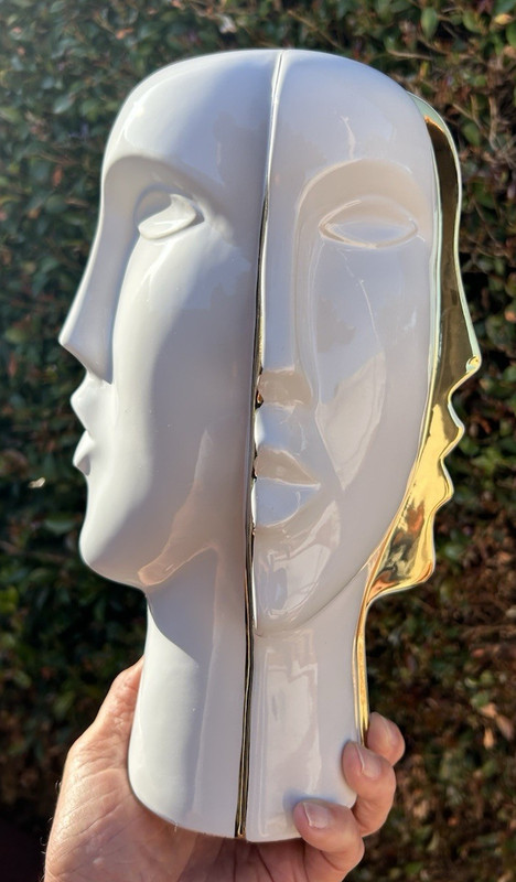 11 3/8" WHITE PORCELAIN WITH GOLD TRIM 3-FACED SCULPTURE art deco 3 FACES human