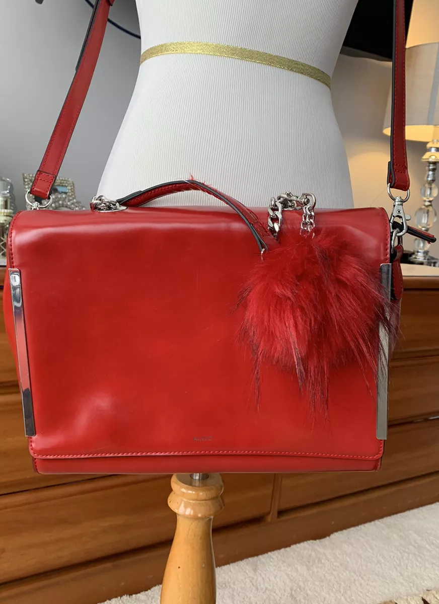 ALDO Women s Satchel Handbag Crossbody Glossy Red Pop Pom Tassel M L NWOT