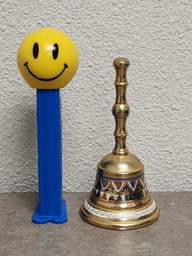 Toledo Spain Souvenir 4” Brass Bell  1960s Painted Enamel Blue White Red Black - Picture 1 of 7