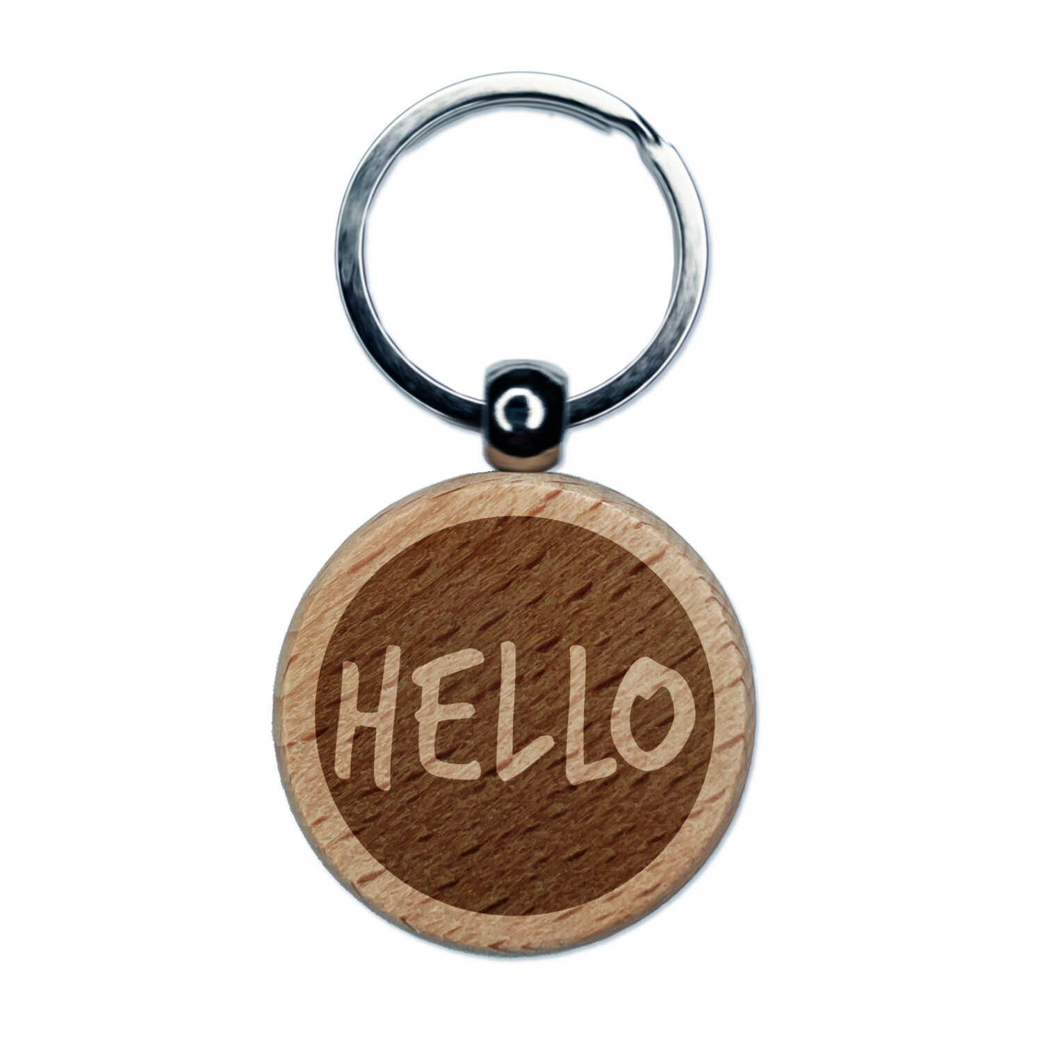 Hello in Circle Engraved Wood Round Keychain Tag Charm