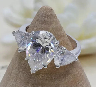 2.70 CTW Pear Cut Moissanite Three Stone Engagement Ring 14K White Gold Plated
