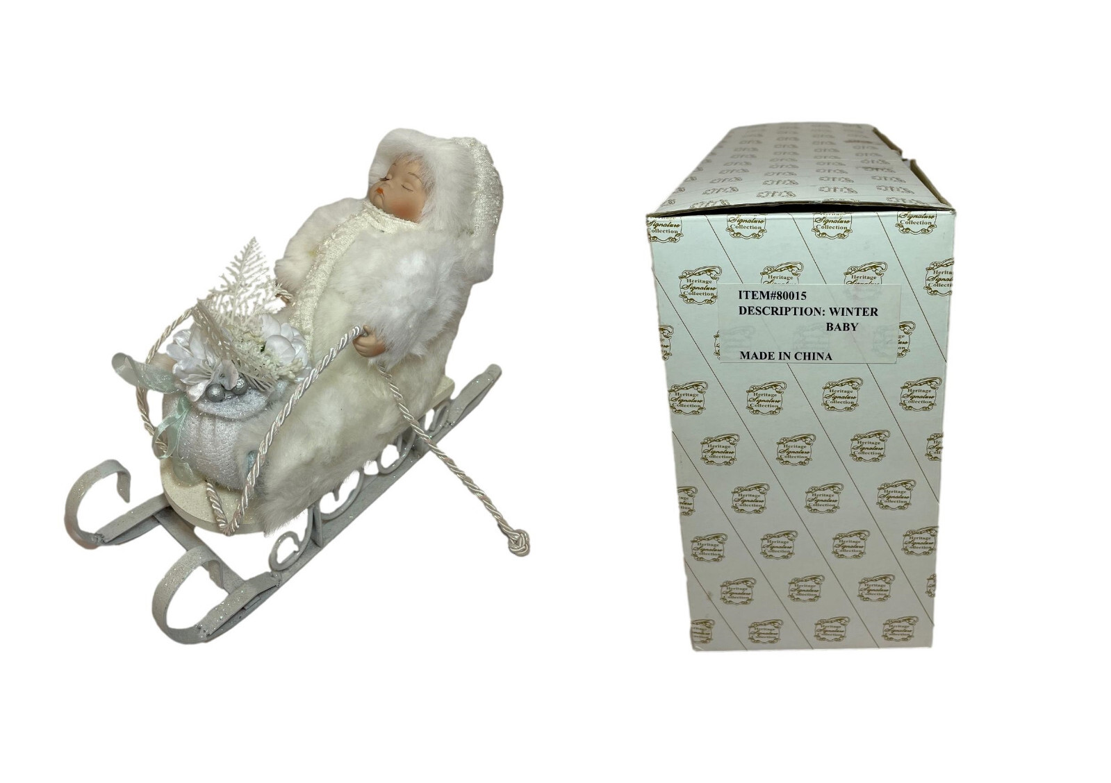 Heritage Signature Collection Porcelain Doll Winter Baby #80015 in White Sleigh