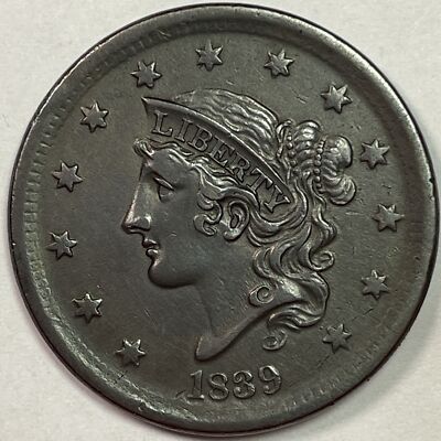 1839 Silly Head N-4 R-1 Large Cent Nearly Uncirculated AU+/UNC