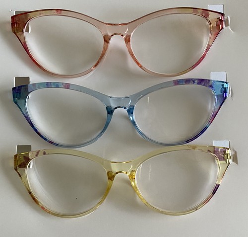 BETSEY JOHNSON 3 paquetes Gafas para lectores de ojos de gato melocotón, azul, amarillo +2,00 - Imagen 2 de 6