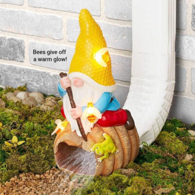 Solar Gnome & Bees Downspout Cover Extension Statue Garden Rain Gutter Sculpture