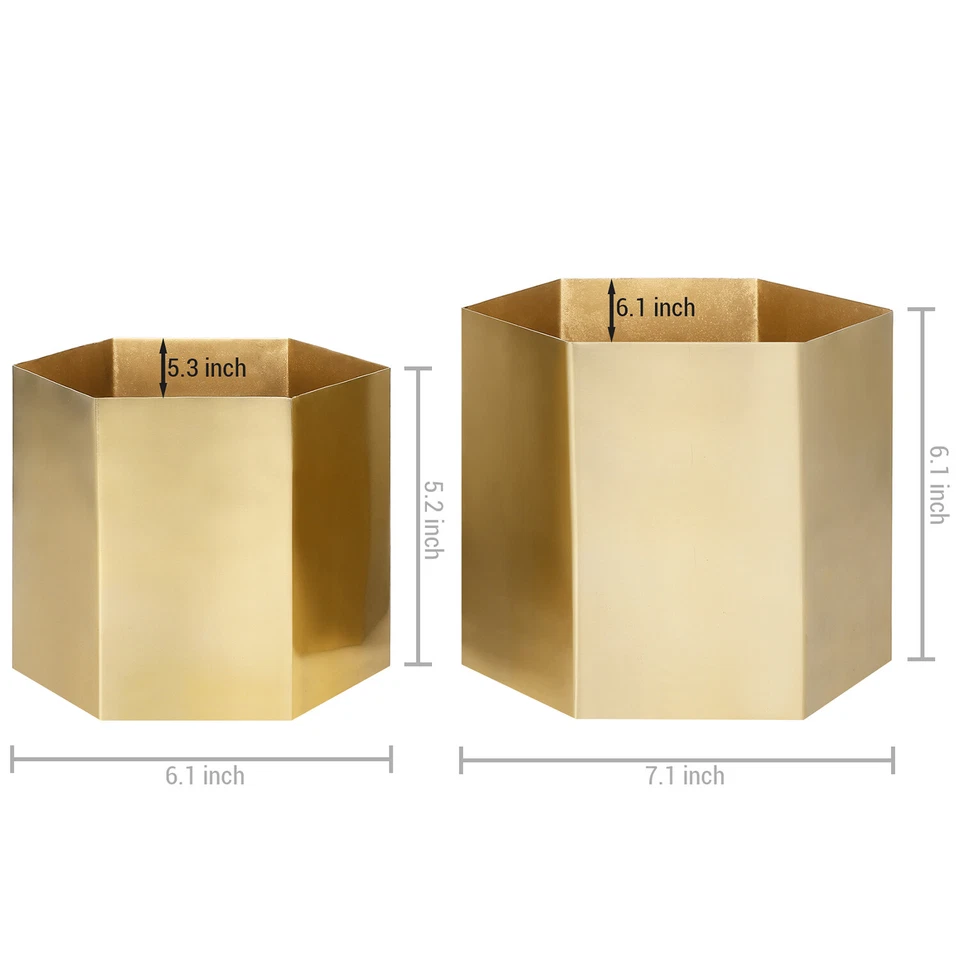 Hexagon Shiny Brass Metal Indoor Decorative Plant Pot, Vase Container, Set of 2 - Image 4 of 4