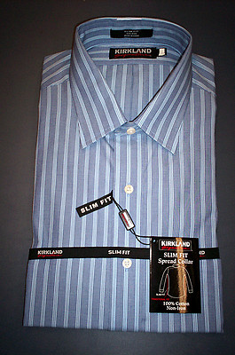 NWT KIRKLAND SPREAD COLLAR NO-IRON 80/2 PLY SLIM DRESS SHIRT BLUE STRIPE 17  33 | eBay