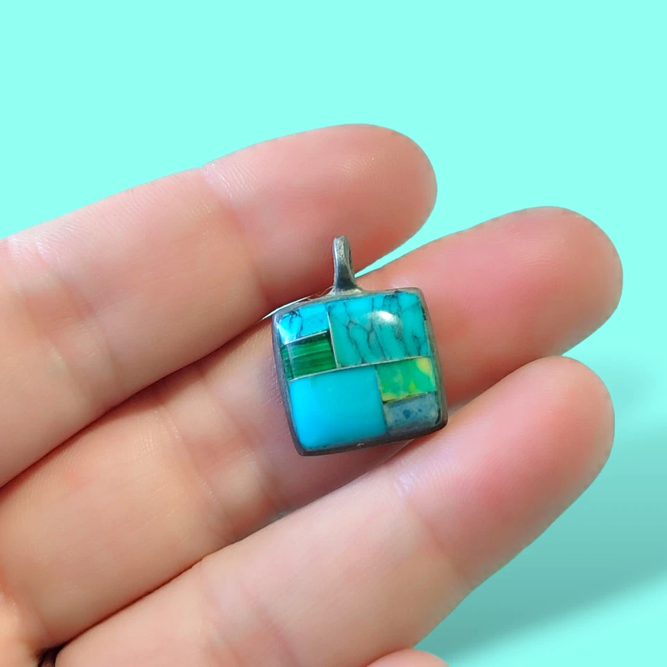 Vtg Natural Turquoise Malachite Inlay Pendant Pewter Old Pawn Southwest Native - Image 4 of 4