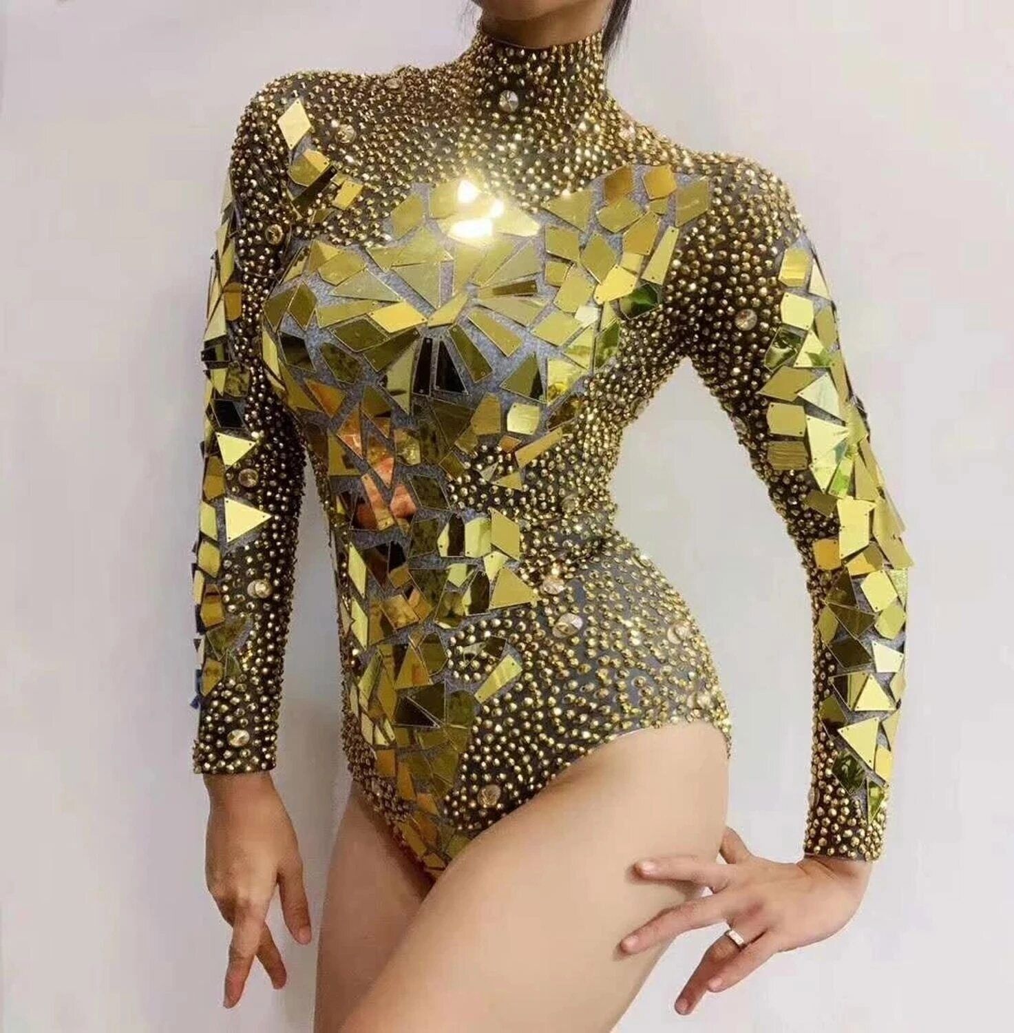 Shining Gold Rhinestones Mirrors Bodysuit Womens Birthday Celebrate Party  Outfit | eBay