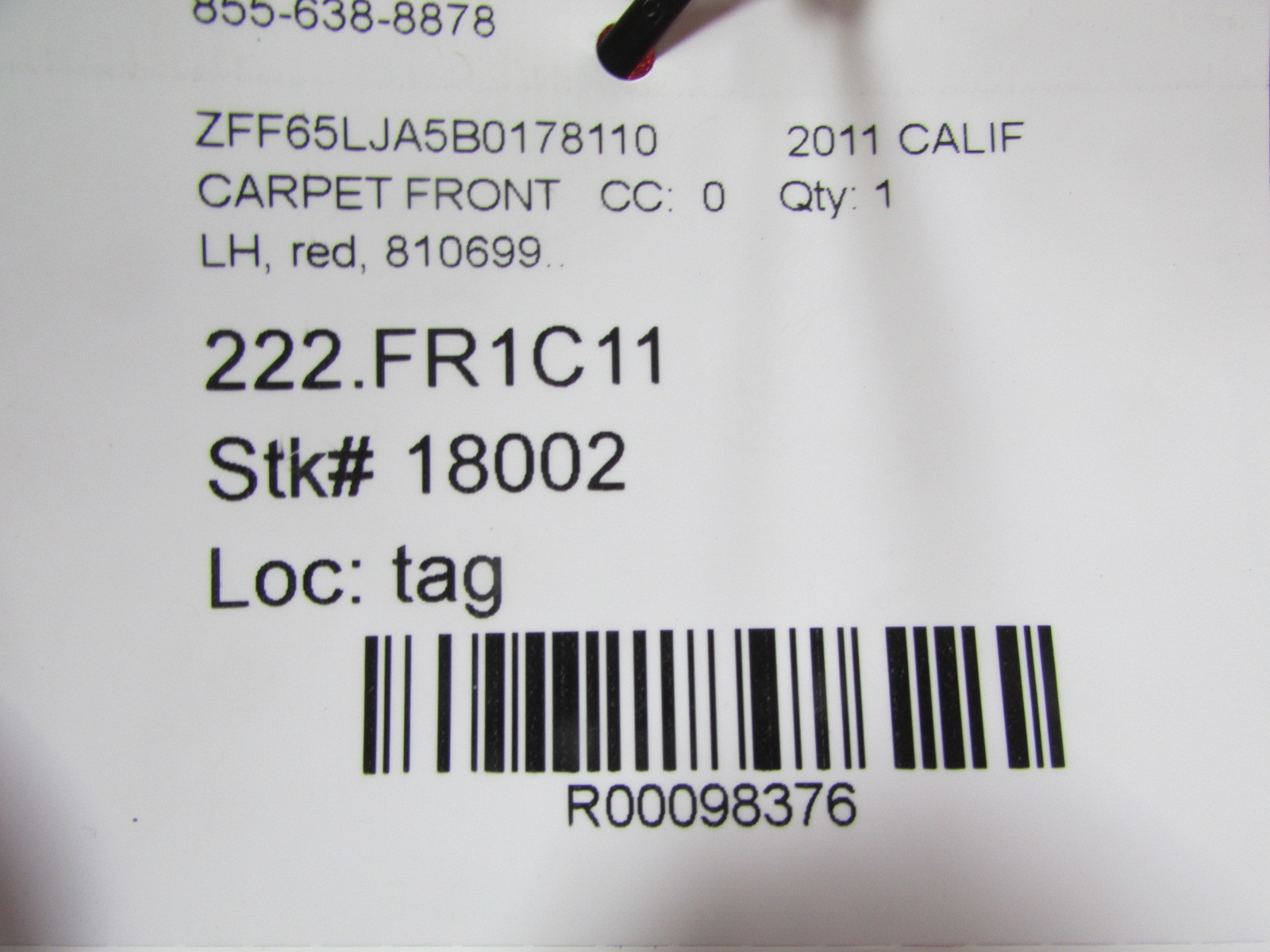 Ferrari California, LH, Left Front Carpet, Black, Red, P/N 810699