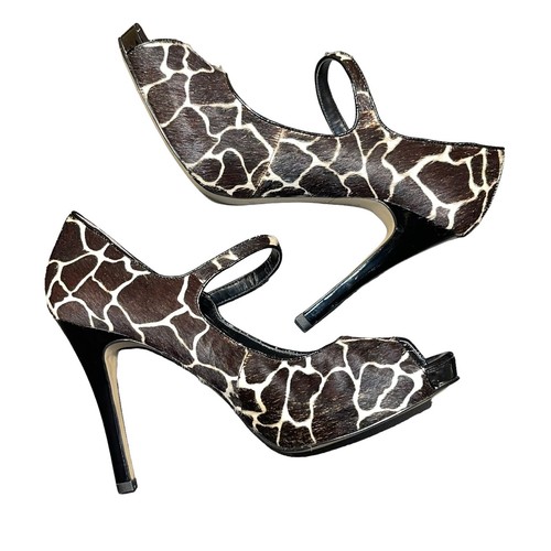 Nine West Luminous Calf Leather Faux Fur Giraffe Print Peep Toe Stilettos 9.5M - Picture 5 of 12