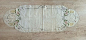 Estate Sale Vintage Hand Embroidered Table Runner Dresser Scarf Floral Lace Edge