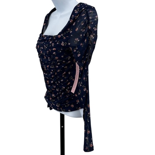 Crave Fame Blouse Womens S Navy Blue Floral Mesh Long Sleeves Ruched Square Neck - Bild 5 von 9