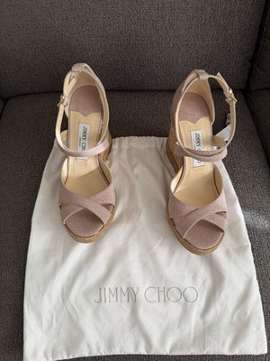 Jimmy Choo Alanah 105mm Pink Glitter Wedge Sandals Size 39 1/2 New No Box