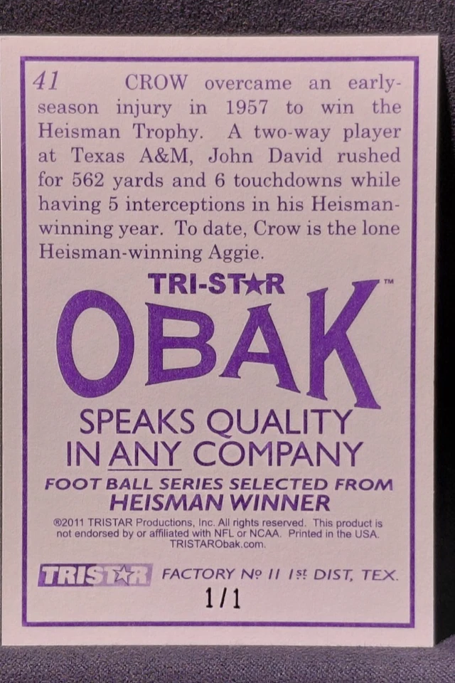 2011 TRISTAR Obak JOHN CROW 41 Texas A&M Heisman Trophy 1/1 rare parallel POP 1 - Image 2 of 3