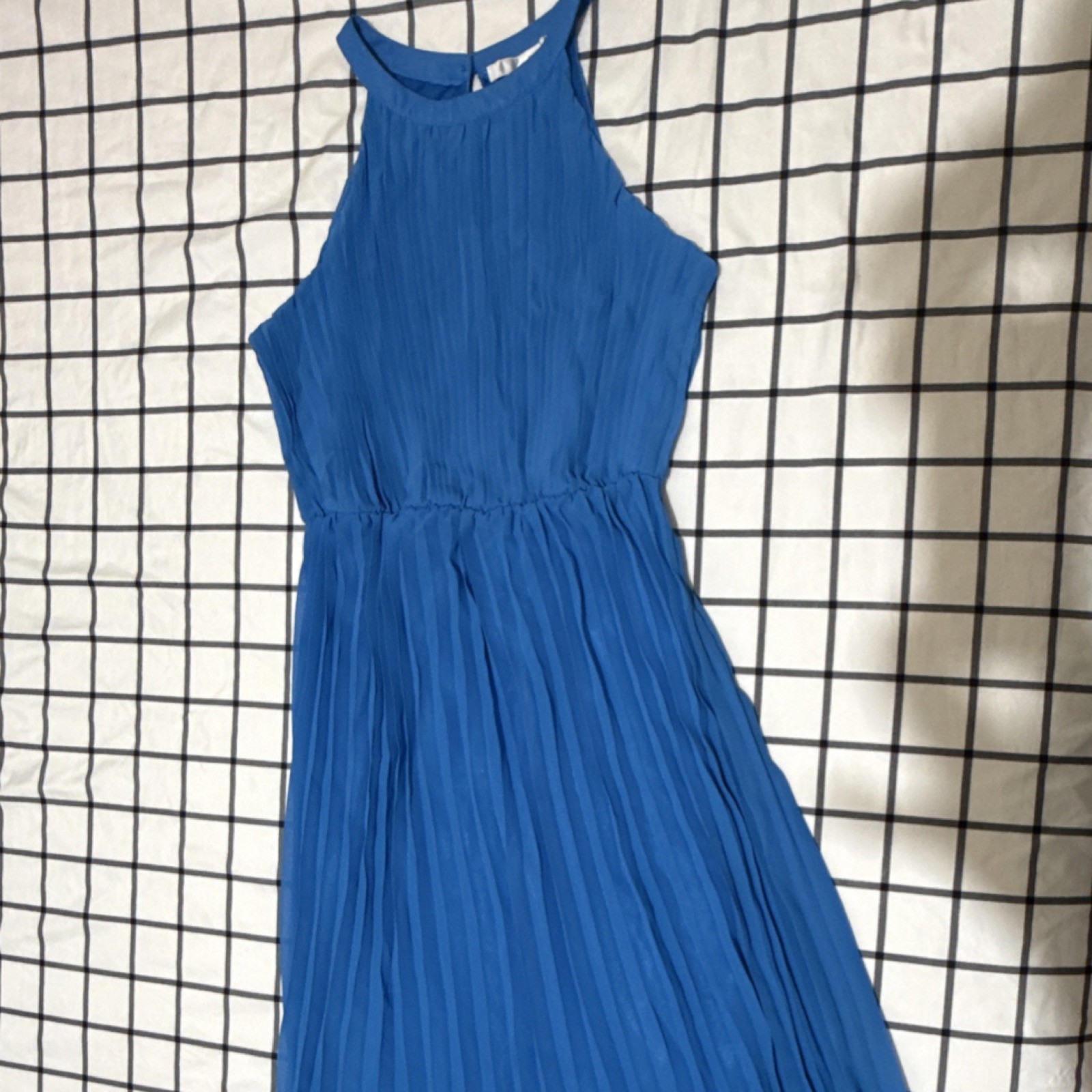Blue Long Pleated Chiffon Halter Sleeveless A-Line Dress S Women