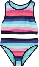 Eddie Bauer Turquoise multi stripe tropical 2 Piece Bikini Reversible Lg 14/16