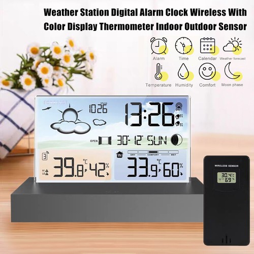 Wetterstation Funk Mit Farbdisplay Thermometer Innen-Außensensor Digitale Wecker - Picture 7 of 23
