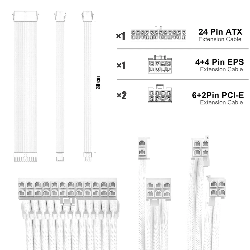 PSU Cable Extension Kit 30CM Length with Cable Combs 1x24Pin/1x8Pin(4+4) EPS/... - Image 2 of 4