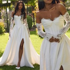 Off Shoulder Satin Wedding Dress Detachable Long Sleeve A Line Lace Bridal Dress