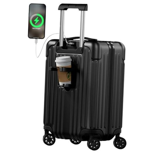 Carry on Luggage 20 Inch USB Suitcases with 20IN with Holder,USB Port Black-image