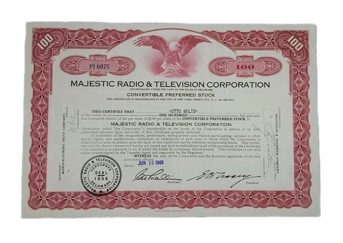 1949 Stock Certificate Majestic Radio & Television Corp #PJ6075 - Picture 1 of 9