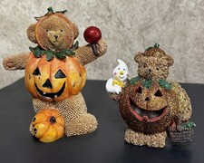 Halloween Teddy Bear Figurines Lot of 2 Pumpkin Jack O Lantern Ghost Resin Decor