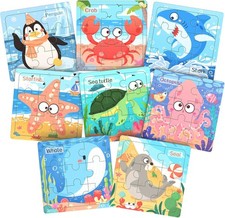 Wooden Puzzles for Toddlers, 8 Pack Sea Animal Jigsaw Puzzles for Kids3-5, 9 Pie
