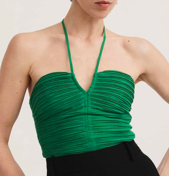 witchery Cotton Pleat Tie Neck Top size 10 grass green halter crop sleeveless