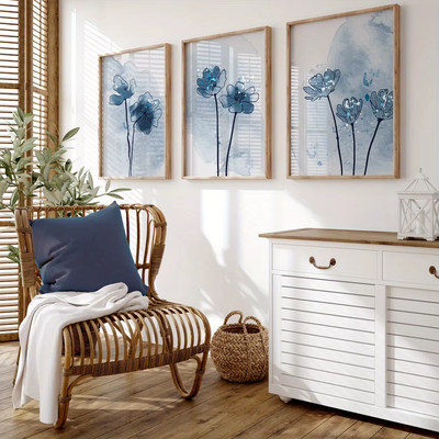 3Pcs Vintage Blue Flower Art Prints - Unframed Botanical Posters for Bedroom, Li