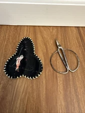 Vintage Wide Large Handle Sewing Scissors 4" Butterfly Shears & Embroidered Case