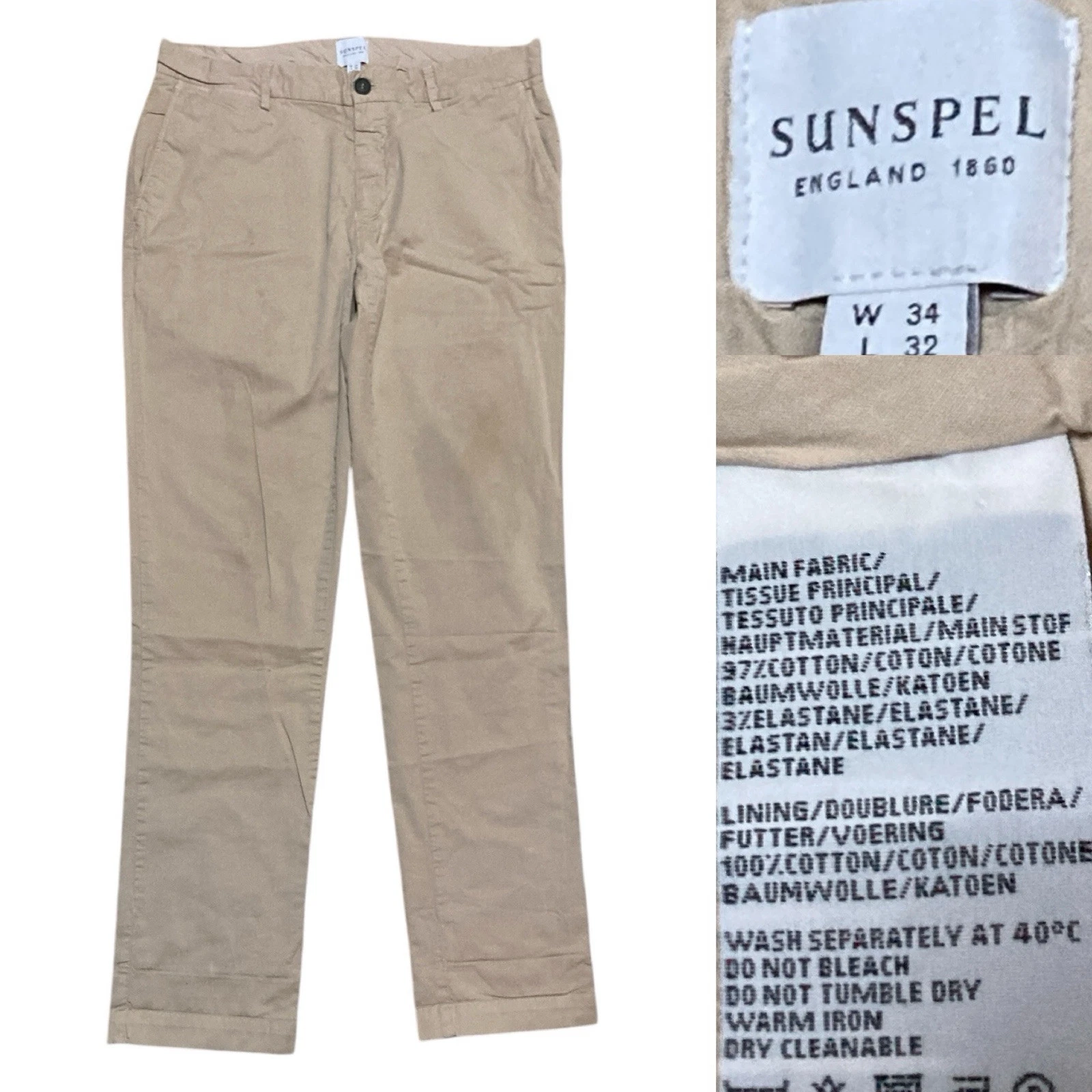 Sunspel England Cotton Khaki Chino Pants Men’s size 34W 32L in Beige (Flawed)