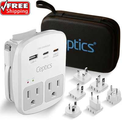 35W Universal Travel Adapter Kit   2 USA Sockets, USB-A, USBC, 1X PD 35W USB-C a