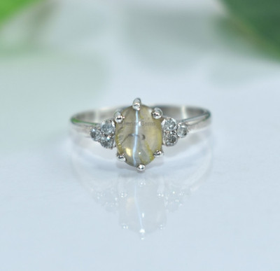 Lucky Cats Eye Chrysoberyl And Diamond Ring in 925 Sterling Silver Daily Wear