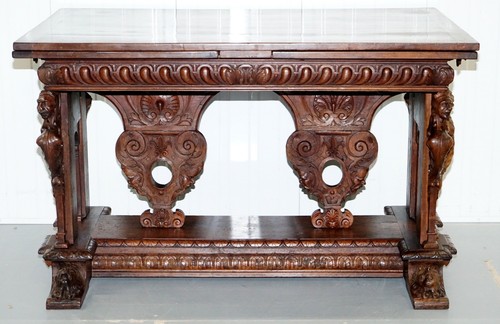 RARE 18TH CENTURY FRENCH WALNUT RENAISSANCE EXTENDING HIGH TABLE HEAVILY CARVED - Picture 4 of 12