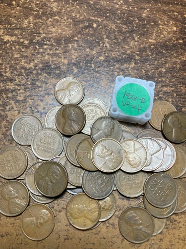 1929-D LINCOLN WHEAT CENT PENNY ROLL, all coins "very fine/extremely fine" grade