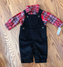 NWT Carter's Baby Boys Black Corduroy Bib Overall Red Plaid Shirt Size 3 Mo.